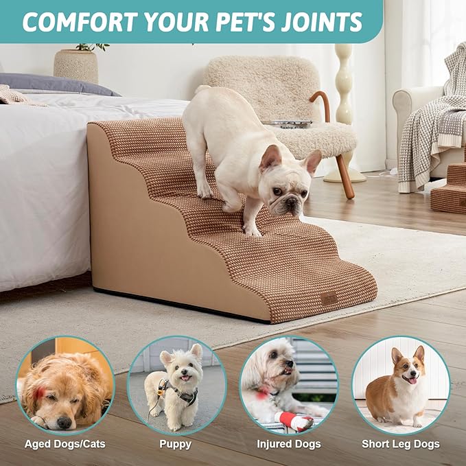 Extra Wide Dog Stairs 19.7" Width, Large Pet Step for Small Medium Dog, Puppy or Cat, Ramp for High Bed or Car, High Density Foam Ladder, Stable, 5 Step, 19.7x33x22.4 inch, Light Brown-PawvioPets