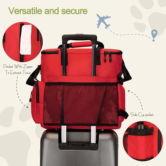 Dog Travel Bag,Weekend Pet Travel bag Set for Dog and Cat,Airline Approved Tote Multi-Function Bags for Traveling,Include 2 Collapsible Bowls,2 Food Storage Containers,1 Feeding Mat,Red-PawvioPets