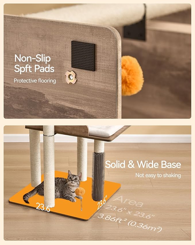 FourFurPets 43.7" Cat Tree, Modern Cat Tree Tower, Cat Tower for Indoor Cats Large Adult, Cat Condo with Scratching Post, Large Perch and Removable Pads, Greige-PawvioPets