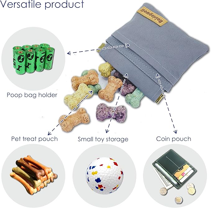 Dog Treat Pouch, Small Cotton Pocket Sized Training Holder, Hand Free Walking Fanny Bag with Carabiner, Self-Closing Pet Feed Snack Reward, Behavior Aids for Puppy Travel or Outdoor (Grey)-PawvioPets