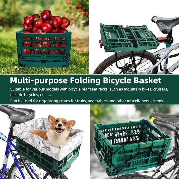 Foldable Large Green Plastic Bicycle Rear Basket with Cargo Net and Waterproof Cover Net for Shopping Outings, Pets, School, Picnics or Outdoor Activities, Easy to Install on Rack Mount-PawvioPets