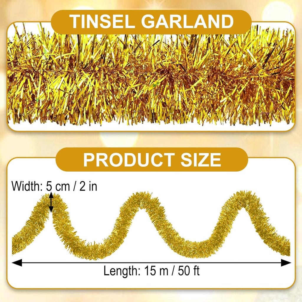 50 Feet Gold Christmas Tinsel Garland, Metallic Foil Twist Garland Wall Hanging Tinsel Banner Backdrop for Parade Floats, Easter, Mother's Day, Wedding Party Decorations (2in x 50ft)