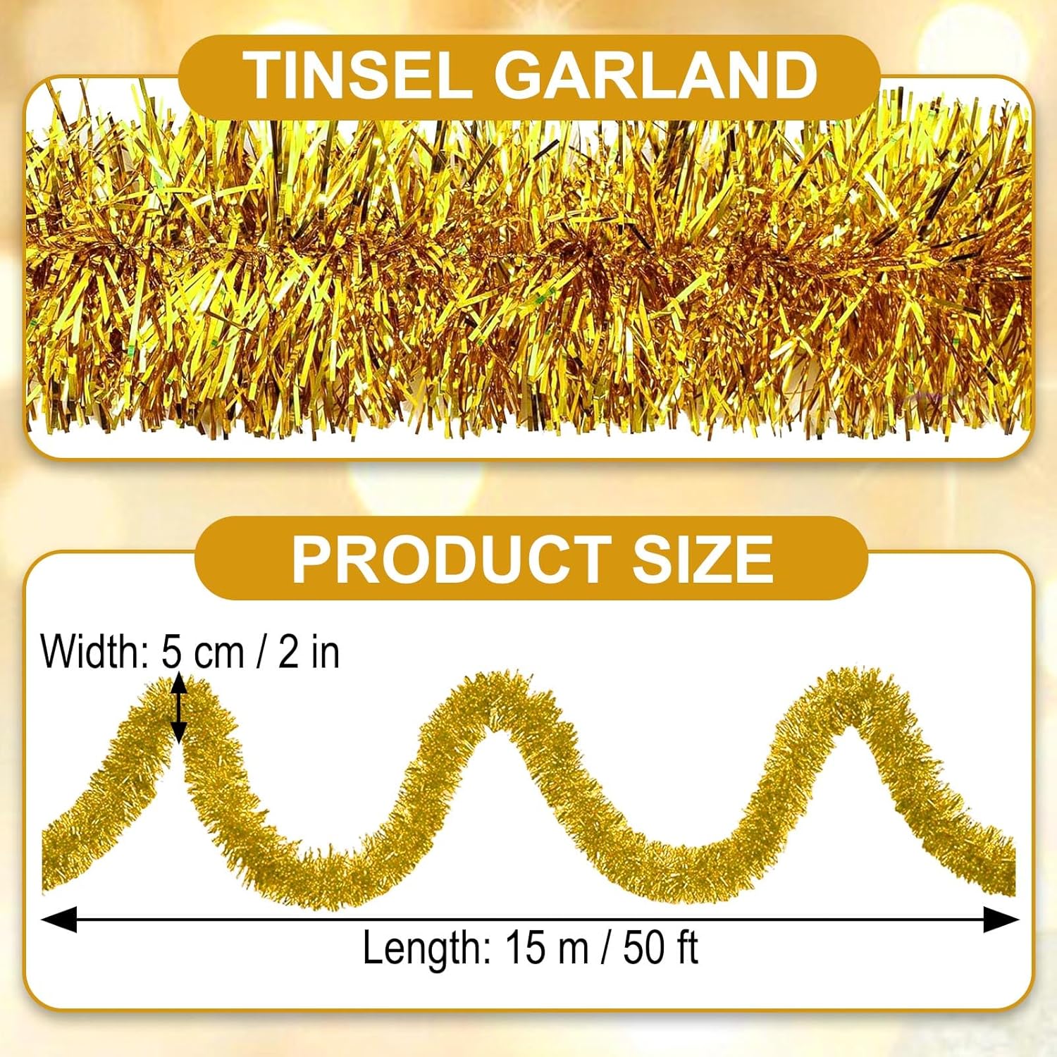 50 Feet Gold Christmas Tinsel Garland, Metallic Foil Twist Garland Wall Hanging Tinsel Banner Backdrop for Parade Floats, Easter, Mother's Day, Wedding Party Decorations (2in x 50ft)