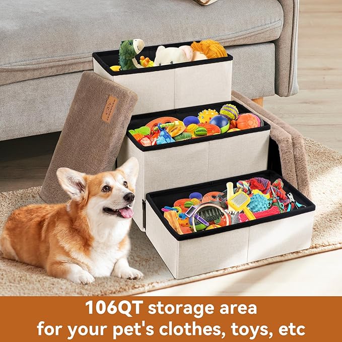 Dog Stairs with Furry Lids 18" H, 3-Step Wider Dog Steps with Storage for Small/Medium/Large Old Dogs Cats, Folding Sturdy Pet Stairs Climbing Bed Couch, Ramp for Car Up to 200 lbs, Khaki-PawvioPets