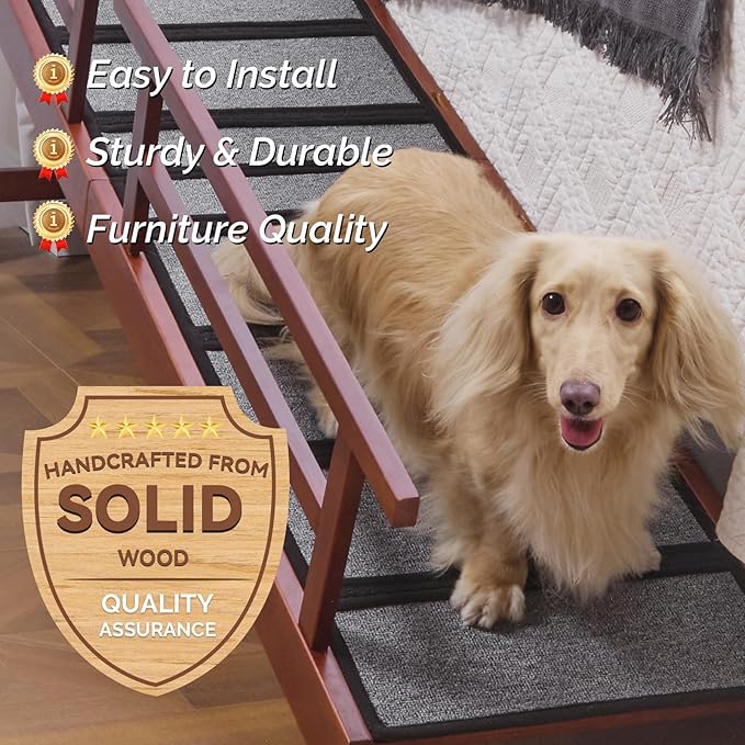 Dog Ramp for Bed or Couch, Wooden Pet Ramp with 20° Gentle Slope, Removable Side Rails, Non-Slip Surface, Top Platform & Wheels, Safe Bed Ramp for Small, Medium & Senior Dogs, 74" Long, Mahogany-PawvioPets