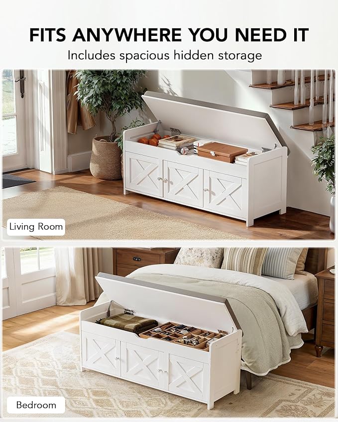 Amada Shoe Storage Bench, Entryway Bench with Cushioned Seat & Lift Top Storage, 3 Doors, Adjustable Shelf, 300 lbs Capacity, Bench with Shoe Rack for Entryway, Bedroom, Living Room, White-PawvioPets