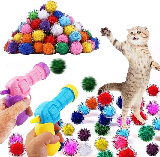 102Pcs Cat Toy Gun Launcher - 100 Sparkle Pom Pom Balls and 2 Ball Launchers, Interactive Fetch Toy Shooter for Indoor Cats and Kitty-PawvioPets