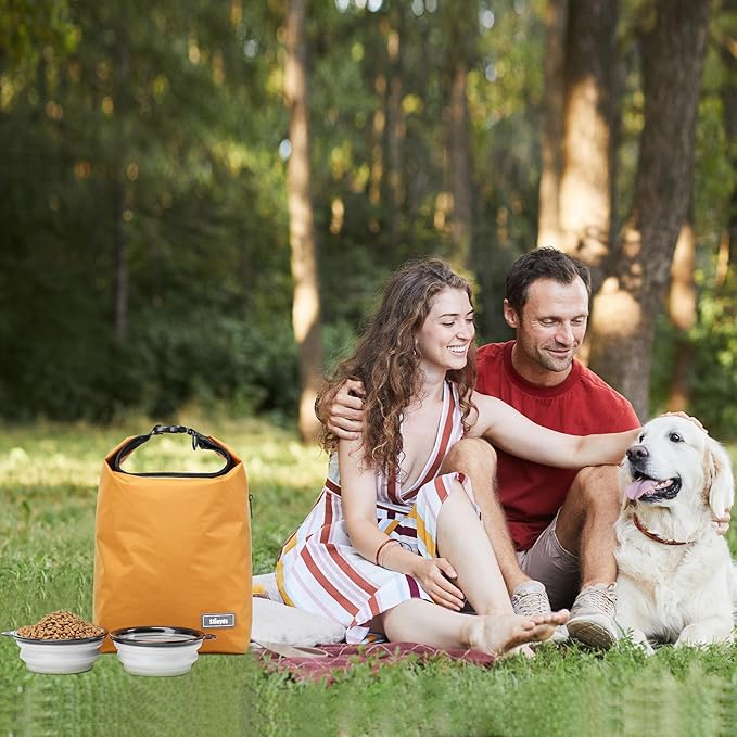 Dog Food Travel Bag w/2PCS Collapsible Dog Travel Bowls,dog food storage container 20 lb(Yellow, Large)-PawvioPets