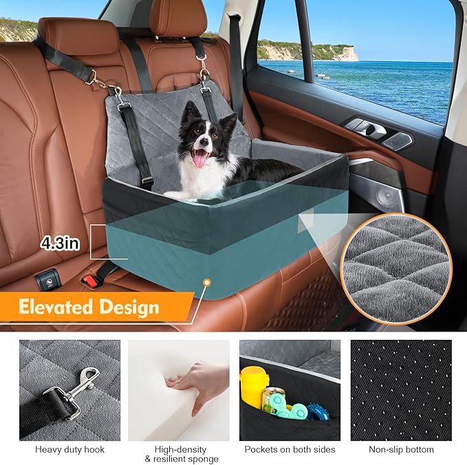 Dog Car Seat for Large Medium Dogs,Washable Pet Carseat Under 55 lbs or 2 Small Dogs,Dog Booster Seat Travel Bed with Thick Cushion,2 Safety Leashes-PawvioPets