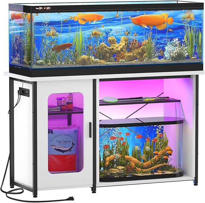 55-75 Gallon Fish Tank Stand with Power Outlets & LED Light, Reversible Heavy Duty Metal Aquarium Stand with Cabinet for Fish Tank Accessories Storage, Turtle/Reptile Terrariums, White-PawvioPets