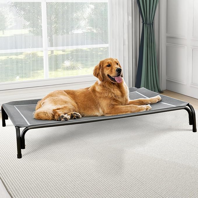 Elevated Dog Bed, Raised Outdoor Dog Bed for Large Sized Dog, Portable Cooling Pet Cot with Breathable & Washable Mesh, Indoor & Outdoor Pet Hammock with Skid-Resistant Feet.-PawvioPets