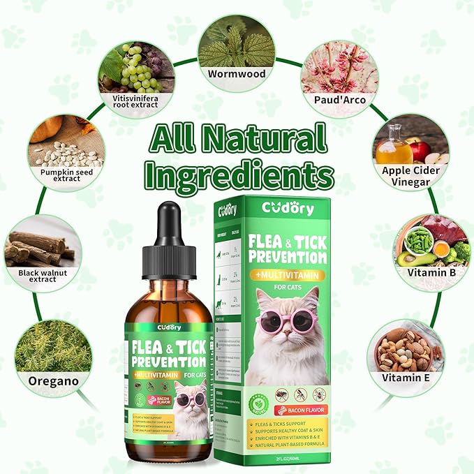 Flea & Tick Support for Cats – Natural Herbal Drops with Multivitamin – Fleas and Ticks Comfort Formula for Cat All Breeds & Ages – Bacon Flavor-PawvioPets