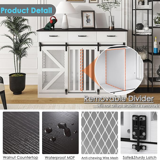 48'' Dog Crate Furniture with Divider&Storage Drawers, Wooden Double Dog Kennel Furniture End Table with Sliding Barn Doors, White Double Dog Crate TV Stand-PawvioPets