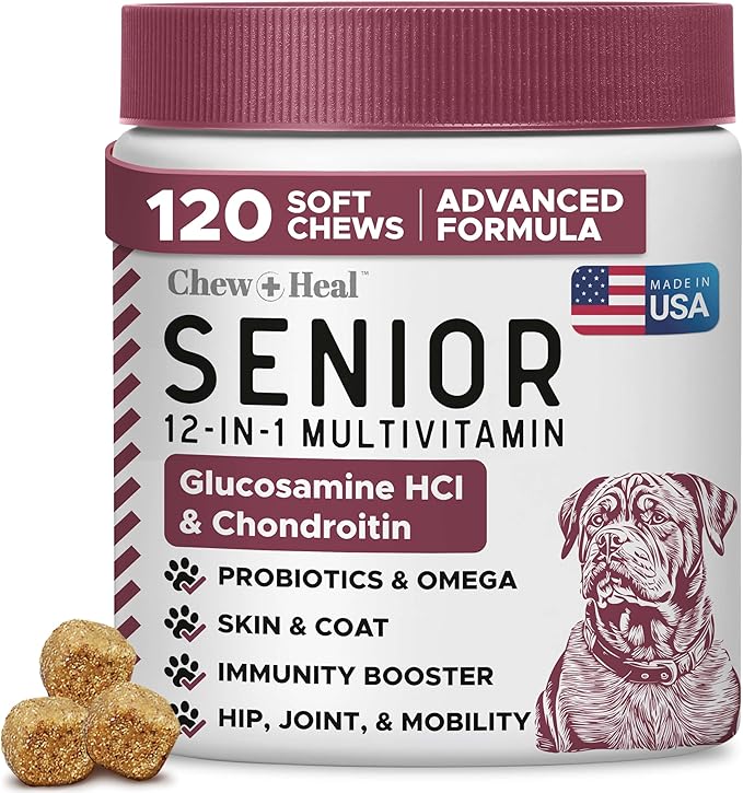 12-in-1 Multivitamin for Senior Dogs - 120 Senior Dog Vitamin and Supplement Soft Chews for Hip and Joint - Advanced Formula with Glucosamine, Omega 3,6,9, Vitamins, Probiotics - Made in The USA-PawvioPets