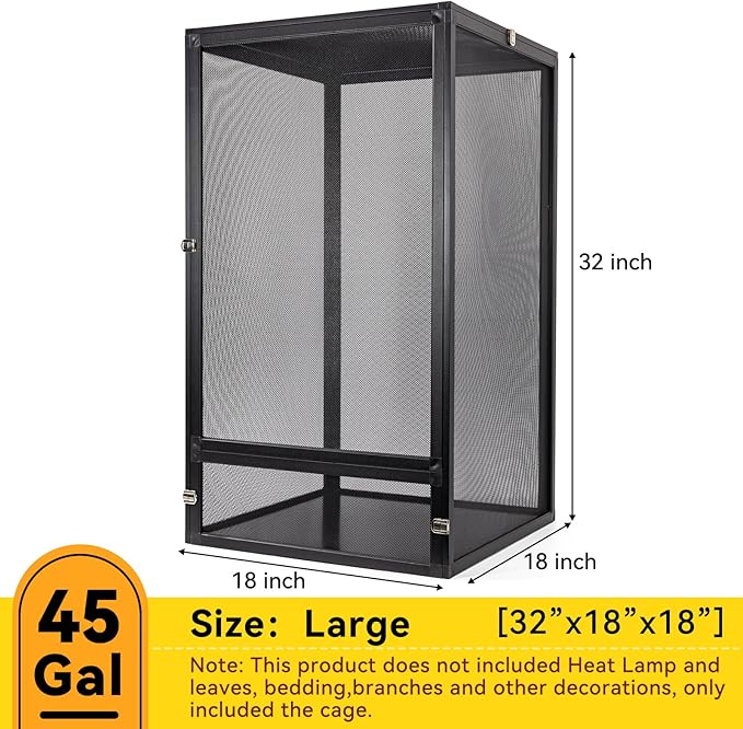 45 Gallon 360° Panoramic Foldable Reptile Terrarium Kit: Crested Gecko Tank and Reptile Cage for Superior Ventilation, Easy Feeding, Sturdiness, and Simple Assembly (Black, 32"x18"x18")-PawvioPets