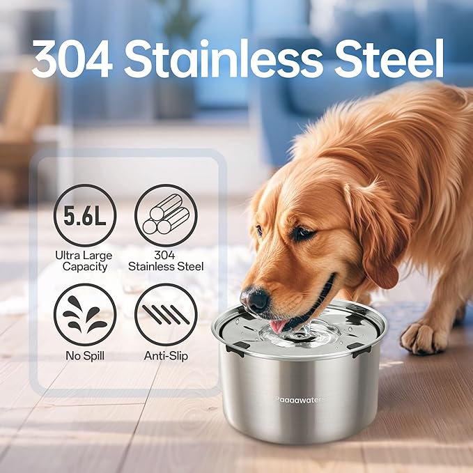 5.6L/190oz Large Dog Water Bowl No Spill, No Drip Dog Water Dispenser with Floating Disk, Stainless Steel Slow Drinking Bowl for Small Medium & Large Dogs-PawvioPets