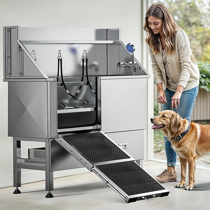 DWVO Professional Dog Bathing Station Stainless Steel 304 Pet Bathtub, 50in Dog Grooming Tub w/Right Door Ramp, 2 Storage Drawers, Grate, Pet Washing Station for Large, Medium, Small Pets-PawvioPets