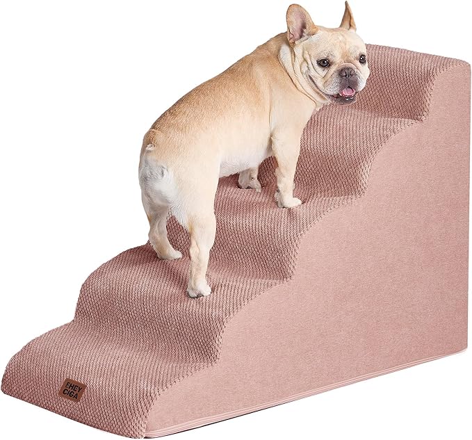 EHEYCIGA Curved Dog Stairs Ramp for High Beds 22.6" H, 5-Step Dog Steps for Small Dogs and Cats, Pet Stairs for High Bed Climbing, Non-Slip Balanced Pet Step Indoor, Dusty Pink-PawvioPets