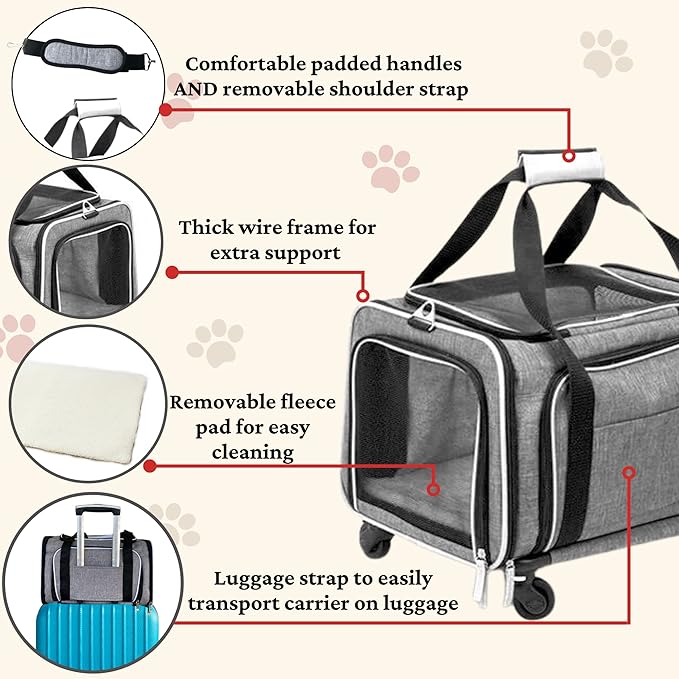 Airline Approved Expandable Premium Pet Carrier on Wheels- Two Sided Expandable Rolling Carrier- Designed for Dogs & Cats- Extra Spacious Soft Lined Carrier! (Grey)-PawvioPets