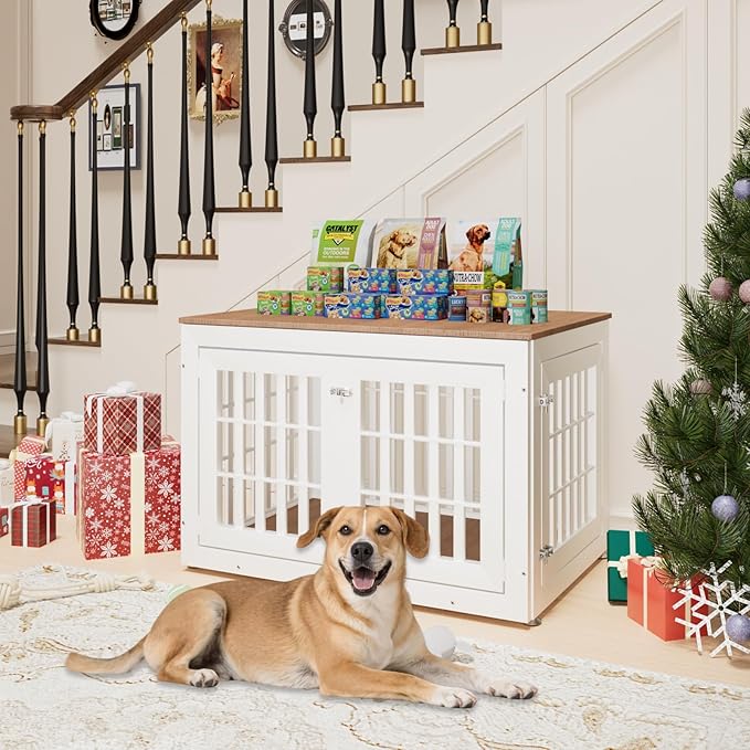42" Heavy Duty Dog Crate Furniture for Small,Medium and Large Dogs,Rustic Wooden Dog Cage Kennel Indoor Furniture with Waterproof Top,Decorative Pet House Side End Table (White & Wood)-PawvioPets