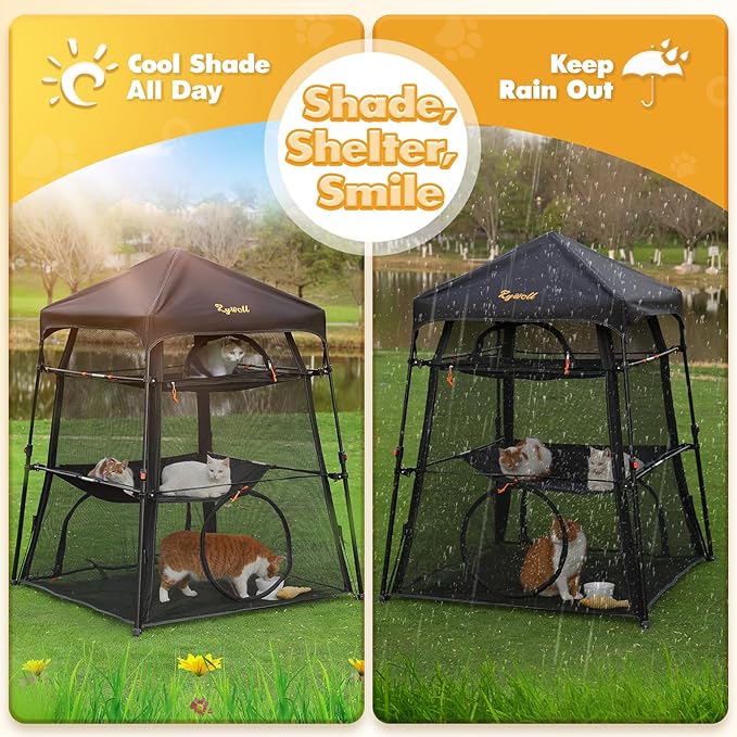 Extra Large Catio Outdoor Cat Enclosure, Rywell 3-Tier Spacious Outdoor Cat Tent, Weatherproof&Sunproof with 5 Windows, Foldable Cat Enclosure for Patio, Camping, Indoor(Includes Carry Bag)-PawvioPets