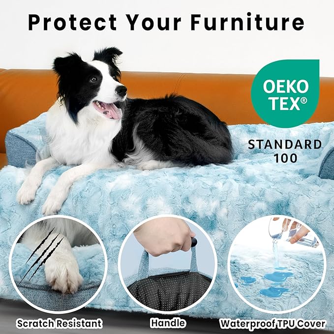Calming Dog Couch Bed for Medium Dogs/Cats, 35 x 31 inch Waterproof Removable Dogs Mat Couch Cover for Furniture Protector, Non-Slip Fluffy Pelsbarn Dog Bed for Couch, Sofa - Tie-Dye Blue-PawvioPets