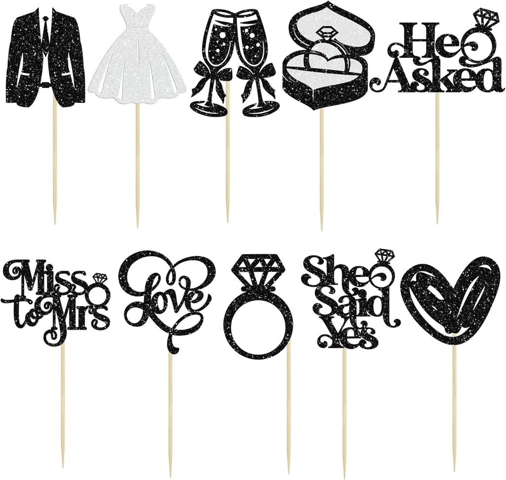 Gyufise 30Pcs She Said Yes Cupcake Toppers Glitter Diamond Ring I Do Love Cupcake Picks Miss to Mrs He Asked Bridal Shower Wedding Engagement Bachelorette Cake Decoration Black