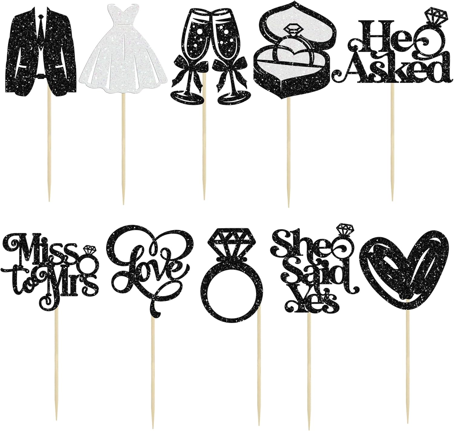 Gyufise 30Pcs She Said Yes Cupcake Toppers Glitter Diamond Ring I Do Love Cupcake Picks Miss to Mrs He Asked Bridal Shower Wedding Engagement Bachelorette Cake Decoration Black
