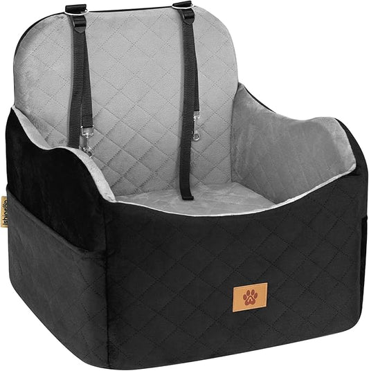 Car Seat Booster for Dog: High-Support Memory Foam Pet Car Seat for Small/Medium Dogs Under 35lbs with Elevated Cushion, Pockets - Detachable Washable Puppy Travel Bed for Driving(Black/Grey)-PawvioPets