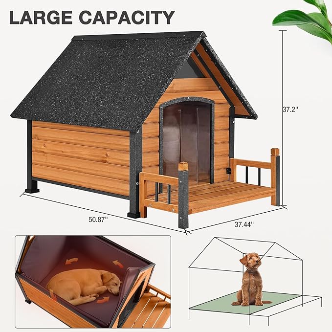 Dog House Outdoor, Weatherproof Wooden Dog Kennel Indoor for Small Medium Large Dogs, 50.87" L Insulated Large Dog Shelter for Winter-PawvioPets