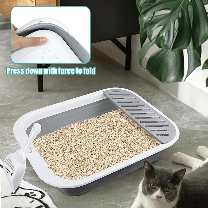 Cat Litter Box for Travel, 18"×14" Grey Small Litter Box for Open Foldable Waterproof Litter Pan,Kitty Litter Box Easy to Clean and Assemble, Portable Litter Box with Scoop-PawvioPets