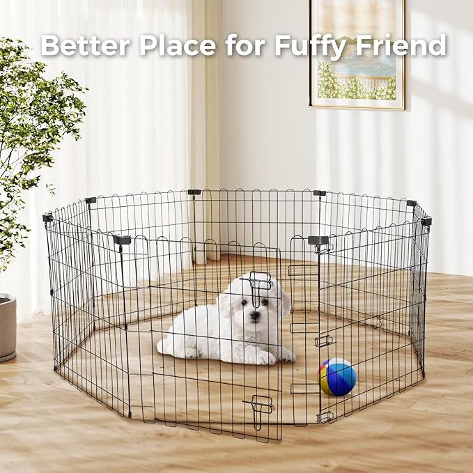 Foldable Dog Playpen 24" Height 8 Panels Metal Exercise Pen with Door - Indoor/Outdoor Puppy Playpen for Small Dogs, Portable Pet Fence for Yard Garden Camping, Black-PawvioPets