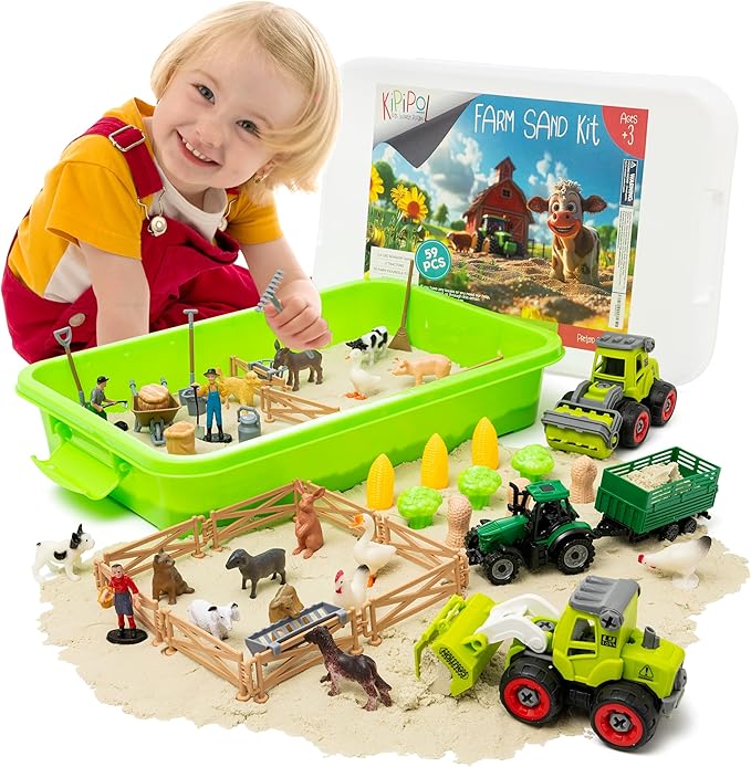 59 PCS Farm Sensory Bin Sandbox with Lid, 2.2 LB Sensory Sand, 40 Toddler Farm Toys, 3 Take Apart Construction Trucks -Sensory Toys for Kids 5-7, 3-4 & Up- Kids Gifts for Boys and Girls-PawvioPets