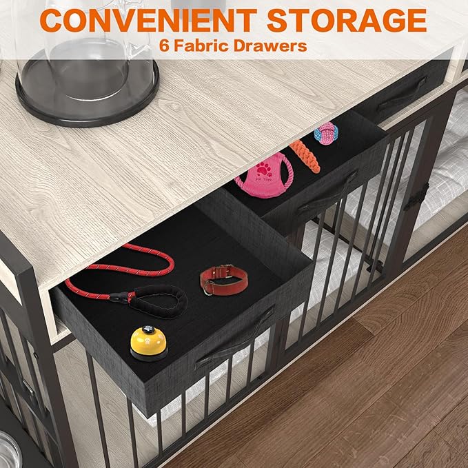 86.6inch Dog Crate Furniture with Storage,Furniture Style TV Stand Dog Kennel for 2 Dogs,with 6 Drawers,Removable Divider&Adjustable Bowls,Heavy Duty Metal Chew-Resistant Dog Crate Furniture-PawvioPets