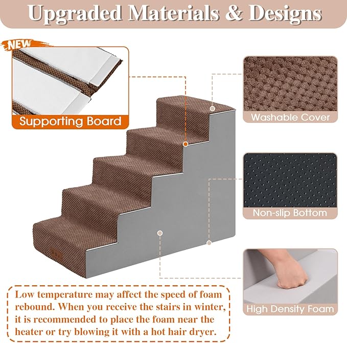 GGIB Dog Stairs for Small Dogs Cats Non-Slip Dog Steps for High Bed Pet Stairs for Sofa Couch Pet Ramp Pet Steps with Removable Washable Cover, Brown, 22" H, 5-Step-PawvioPets