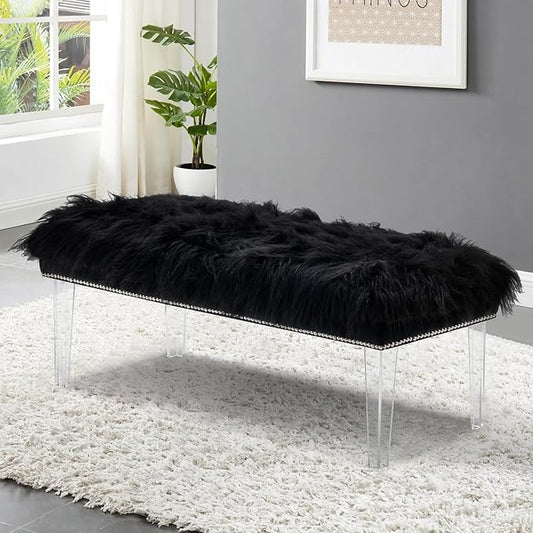 46 Inch Black Bedroom Bench, Benches for Bedroom White Faux Fur Upholstered Bed end Bench, Tufting Bench Indoor Bench with Acrylic Legs for Living Room Bedroom Dining Room Entryway, Black-PawvioPets