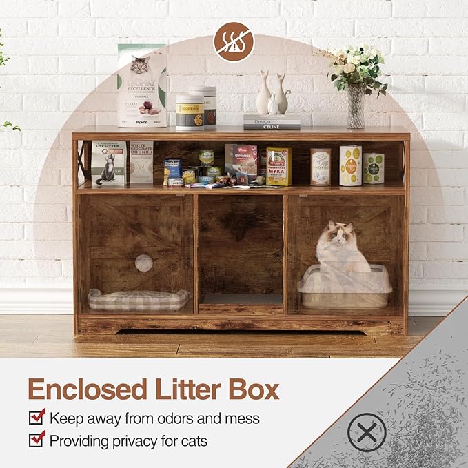 Cat Litter Box Enclosure for 2 Cats, 47" Double Hidden Litter Box Furniture with Scratch Pad, Farmhouse Indoor Litter Box Cabinet Cat Washroom, Rustic Brown-PawvioPets