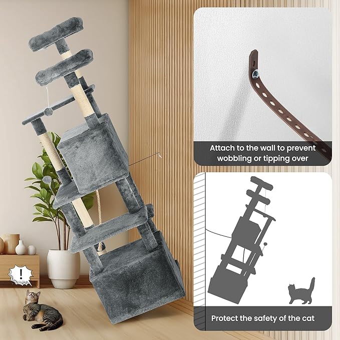 69in Large Cat Tree Tower for Indoor Cats with Soft Plush Hang Ball, Two Condos, Sisal Scratch Posts & Rope Play for Kittens/Adult Cats, Grey-PawvioPets