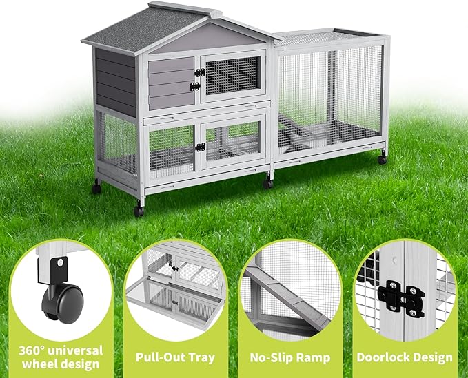 2-Tier Rabbit & Chicken House Mobile,Wooden Chicken Coop & Bunny Cage with Non-Slip Ramp, 4 Doors,Waterproof Roof & Pull-Out Tray,Outdoor/Indoor Pet Cage Movable-PawvioPets