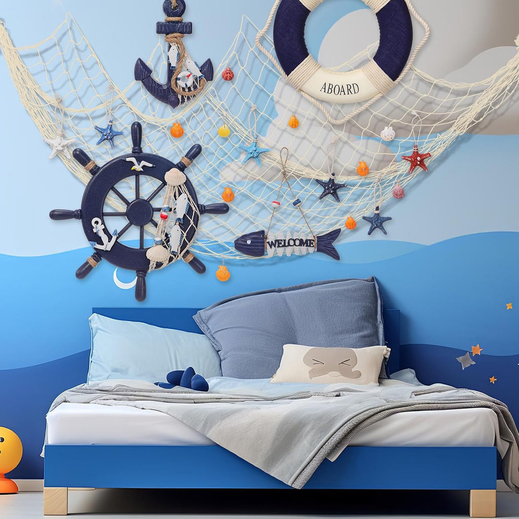 Marsui 11 Pcs Wooden Nautical Wall Decor Fishing Net Decoration, Include Decorative Fishing Net, Ship wheel, Fish Skeleton, Life Ring, Anchor, Starfish Beach Decor for Mediterranean Party (Khaki)