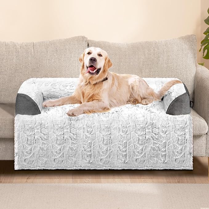 Calming Large Dog Bed for Couch – 41"x37" Washable Non-Slip Plush Sofa Protector for Dogs, Removable Cover, Soft Furniture Mat in Grey-PawvioPets