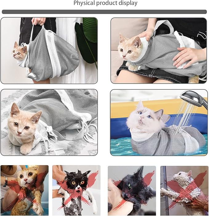 Adjustable Multifunctional Anti-Bite Shower net Bag，Cat Grooming Mesh Bag, Cat Bathing Bag，Cat Bath Brush and Cat Nail Clipper-PawvioPets