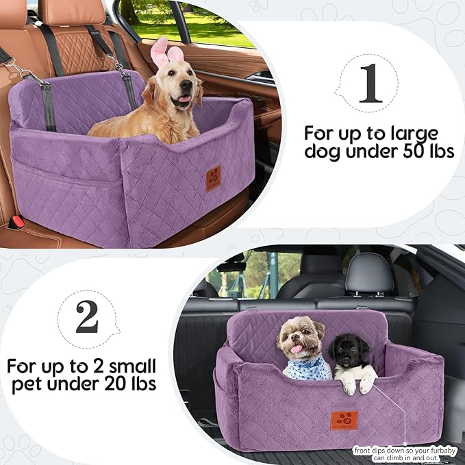 Dog Car Seat for Medium/Large Dogs, Dog Booster Seat for Pet Under 50lbs or 2 Small, Detachable and Washable Pet Car Seat,Multi-Functional Pet Travel Bed for Backseat(Purple)-PawvioPets