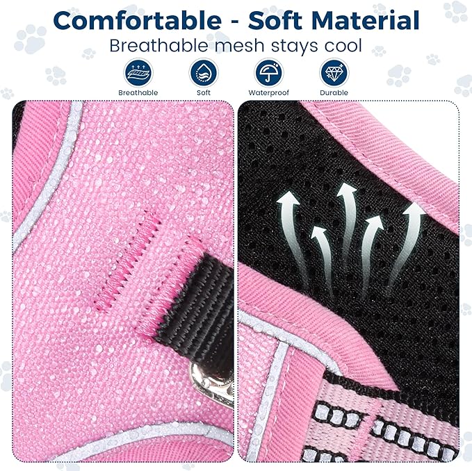 Funfox Dog Harness No Pull, Adjustable Pet Vest Harness, Super Soft Material with Vertical Handle Easy Control, Reflective Night Walking, 2 Leash Clips for Large Dogs, Pink, L-PawvioPets