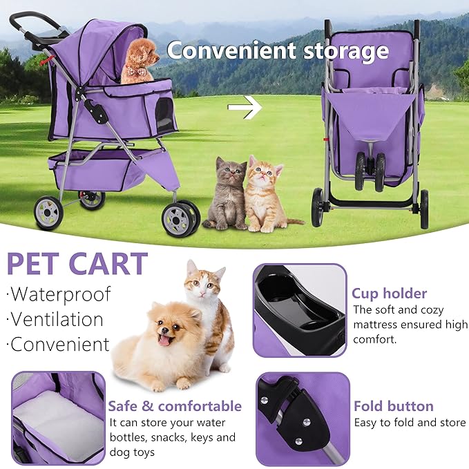 Dog Stroller,3 Wheels Travel Folding Pet Strollers for Small Medium Dog Cat Jogger Stroller with Storage Basket Removable Liner Purple-PawvioPets