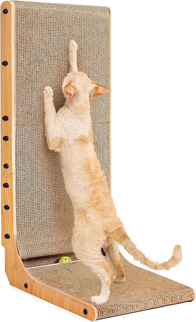 EHEYCIGA Cardboard Cat Scratcher for Indoor Cats, 32 Inch L Shaped Vertical Cat Scratching Board with Ball Cat Toy, Extra Large Cat Scratcher Pad, Brown-PawvioPets