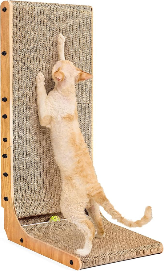 EHEYCIGA Cardboard Cat Scratcher for Indoor Cats, 32 Inch L Shaped Vertical Cat Scratching Board with Ball Cat Toy, Extra Large Cat Scratcher Pad, Brown-PawvioPets