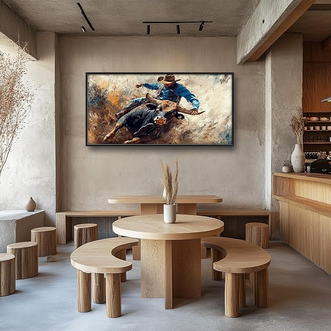 Framed Large Western Cowboy Wall Art, Oversized Rustic Cow Wall Decor for Living Room, Dusty Canvas Painting Pictures Vintage Artwork Home Decoration for Living Room Bedroom Office 60"x30"-PawvioPets