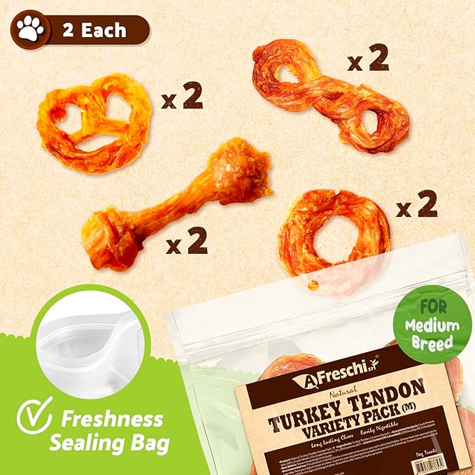 Afreschi Turkey Tendon Variety Pack (M) 10 oz, USA-Sourced Turkey Tendon, All Natural Puppy Chew, Hypoallergenic, Rawhide Alternative-PawvioPets