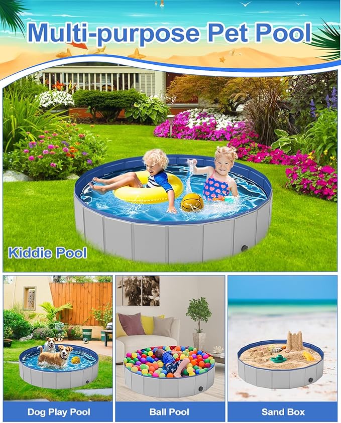 Dog Pool for Large Dogs, Foldable Plastic Pool for Dogs Slip-Resistant (XL - 63'' x 12'')-PawvioPets